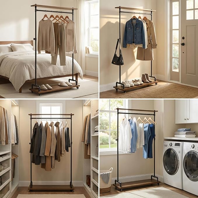 Industrial Pipe Clothing Racks, Rolling Garment Racks, Hall Tree on Lockable Wheels with Shelves and Shoes Storage, Heavy Duty Clothes Rack (Free Standing)