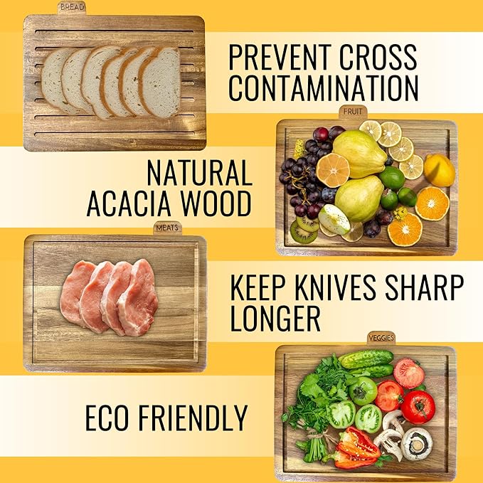 Acacia Cutting Boards for Kitchen with Holder 13" x 11" x 2.5" | Labeled Wood Cutting Board Sets | Large Wooden Cutting Board Set of 4 with Gold Organized Stand | Non Toxic Chopping Board