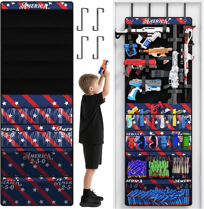 Over the Door Organizer for Toy Guns, Toys Storage Door Hanger with Pockets and Slots for Kids Foam Blasters, Darts, Goggles, Over Door Toys Storage Organizer, for Kids Rooms, Game Rooms, Blue Red
