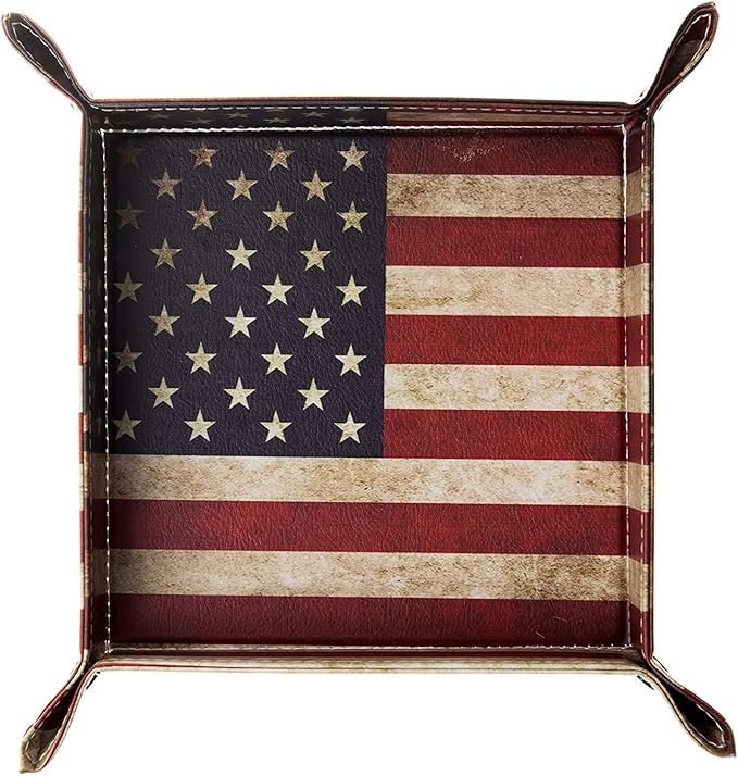 Valet Tray Desktop Storage Organizer, Vegan Leather Catchall Bedside Vanity Tray Nightstand Caddy Holder for Remote Controller, Watch, Keys, Phone, Wallet, Sunglasses, Jewelry - Flag