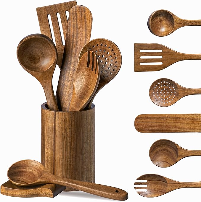 Wooden Utensil Set 8 PCS - Natural Non-Toxic Acacia Wooden Spoons for Cooking, Nonstick, Sturdy,Easy to Clean, Wood Kitchen Utensils Set with Holder, Spoon Rest, Ideal for Gifting