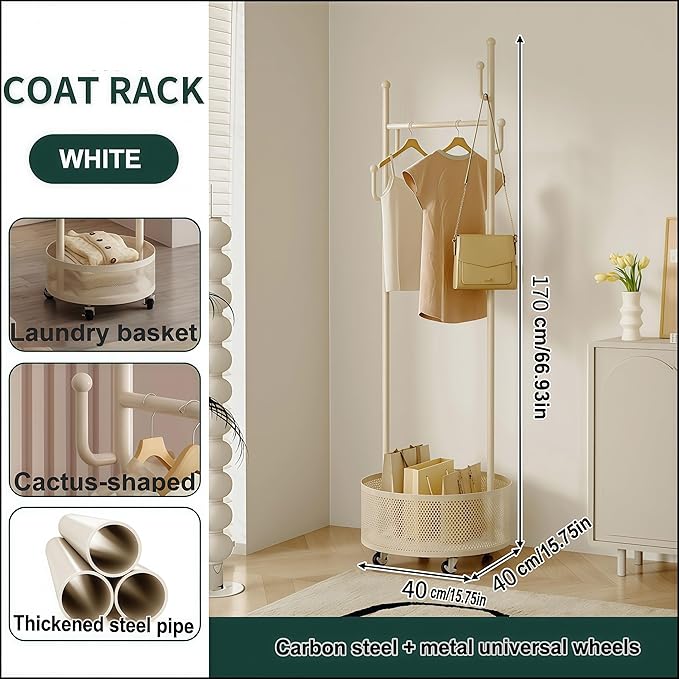 Rolling Coat Rack with Wheels, Freestanding Garment Rack with 6 Hooks & Mesh Storage Basket, Portable Clothing Rack Stand for Entryway, Bedroom, Closet, Cream White(Off-White)
