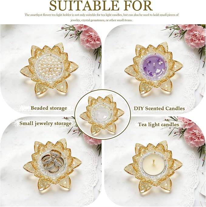 Crystal Flower Jewelry Tray, Luxury Transparent Decorative Trinket Dish for Rings, Earrings, Necklaces, Keys for Vanity Dresser Nightstand, Elegant Gift for Women Mother's Day (1, 4.4"(w) - Gold)