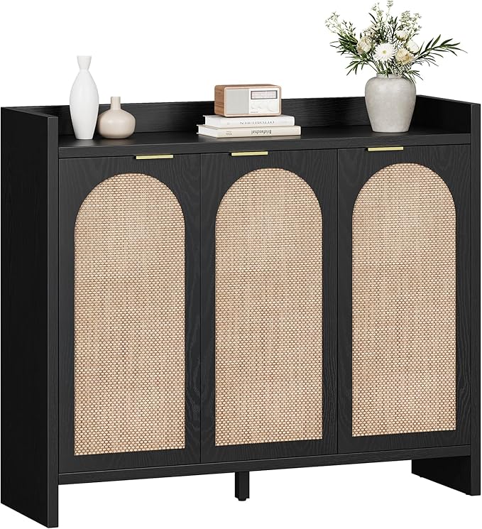 Shoe Cabinet Storage for Entryway - Rattan Accent Cabinet with 3 Doors & Adjustable Shelves, 6-Tier Large Wood Shoes Cabinets with Organizer Rack for Entry Way, Hallway, Living Room, Black