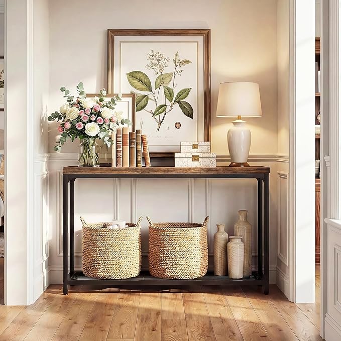 Besiost 47" Console Table with 2-Tier Storage, Industrial Narrow Entryway Table, Sofa Table Behind Couch for Hallway, Foyer & Living Room, Sturdy Metal Frame, Rustic Brown