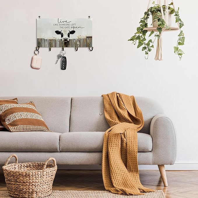 Cow Gifts Key Holder for Wall 10"x5.12", Cow Decor Key Hanger Wall Mount, Live Like Someone Left The Gate Open Rustic Farmhouse Cows Wooden Hanging Keys Holder Decor for Entryway