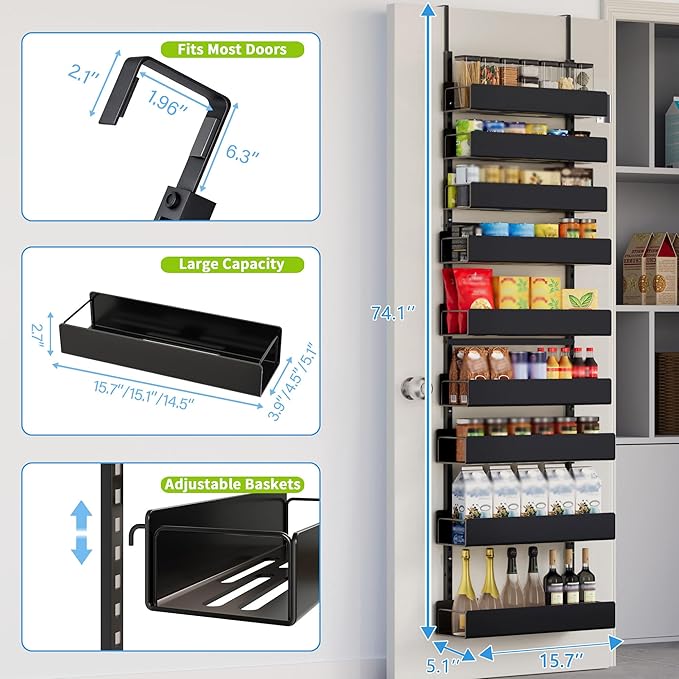 Large Over the Door Pantry Organizer - 9-Tier Hanging Spice Rack with Metal Shelving for Kitchen Pantry Organization and Storage, Black