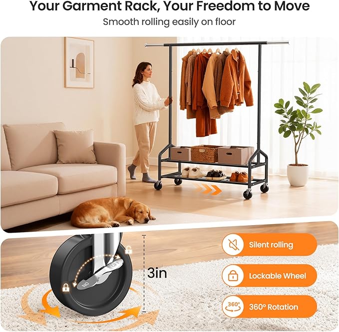 Heavy Duty Clothes Rack, Rolling Clothing Rack Load 650 LBS for Hanging Clothes with 2 Sturdy Shelves, Metal Garment Rack with Wheels for Bedroom, Laundry Room, Retail Store, Black