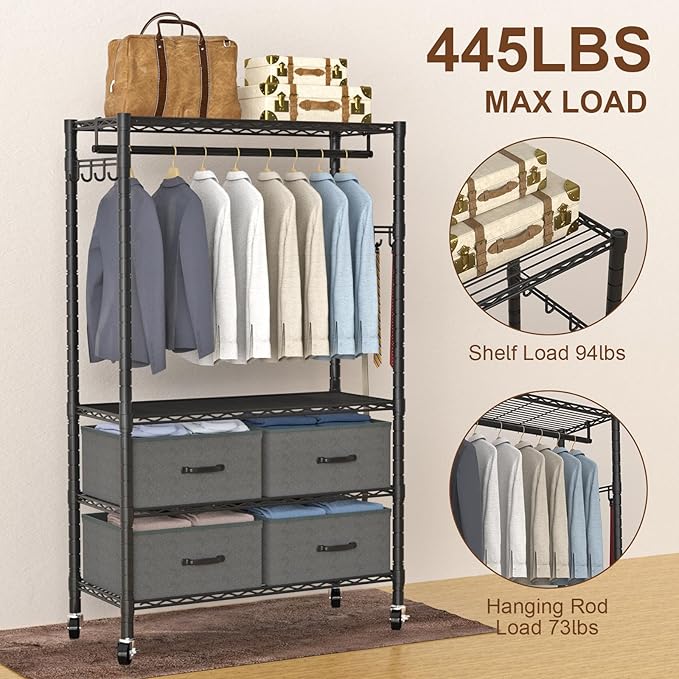 VyGrow Clothes Rack, Heavy Duty Clothing Rack for Hanging Clothes, 4-Tier Adjustable Closet Organizer with 4 Drawers | Hanging Rod | Side Hooks | Load 445lbs | 15.7" D x 35.4" W x 74.1" H