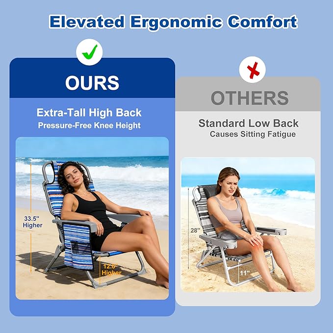 DIAMONDFORGE Lightweight Portable Beach Chair for Adults, 350 LBS Capacity Backpack Beach Chair, Reclining Beach Chair with 5-Position Lay Flat, Large Cup Holder for Beach Camping Sports, 1 Pack