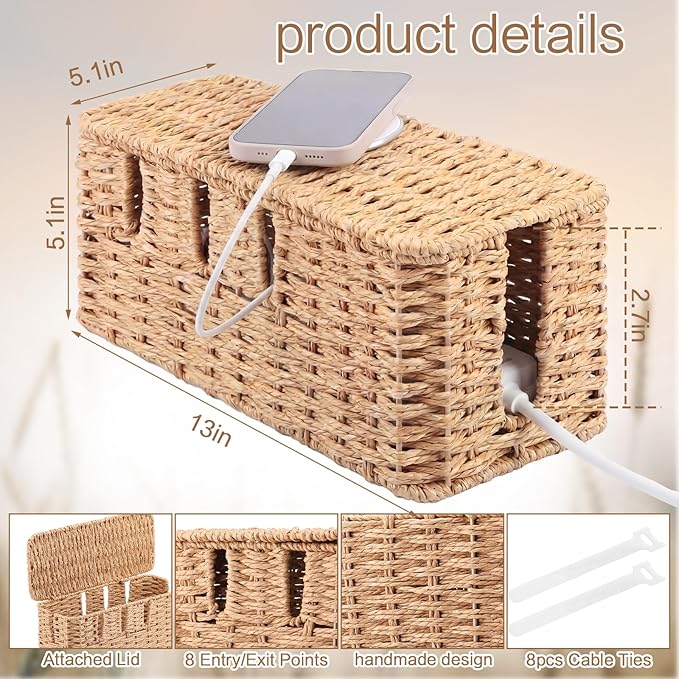 Cable Management Box with Lid Woven Paper Rope Desktop Cable Storage Box with 8 Open Slots Decorative Cord Hider Organizer Boxes for Home Office Living Room Decor, 13" x 5.1" x 5.1"