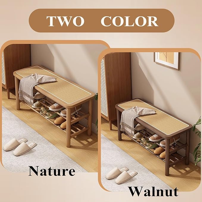 SOBIBO Bamboo Shoe Rack Bench with Rattan Seat, 3-Tier Shoe Storage Bench, Entryway Bench for Hallway，Nature-31.5 inches