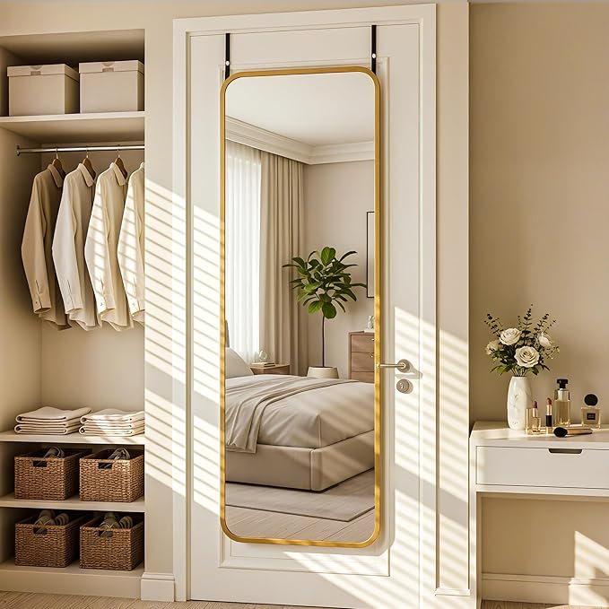 Antok 58''x 20'' Full Length Mirror Over Door, 4-in-1 Standing Leaning Wall Mounted, Adjustable Hanging Mirror for Bedroom Living Room, Gold, Rounder Corner