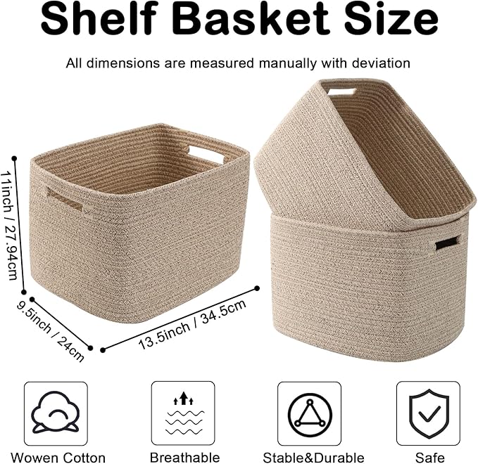 3 Pack Woven Rope Storage Baskets for Organizing,13.5"×11"×9.5"Storage Bins for Shelves,Perfect for Toys,Books,Towels,Clothes,Empty Gift Baskets for Nursery,Living Room&Bedroom(Mix Brown)
