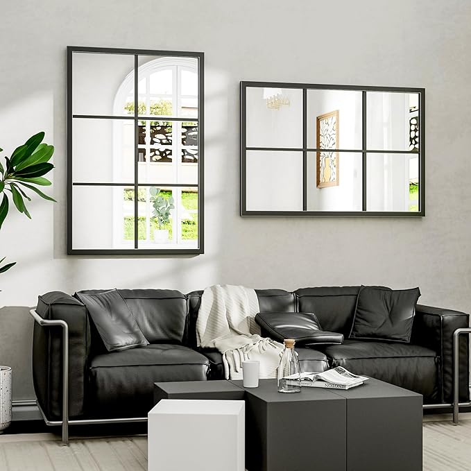 Dewfig Rectangle Wall Mirror, Window Mirror Wall Mounted, 24"x36"in Window Pane Mirrors, Large Black Mirrors for Hanging or Leaning Against Wall Bedroom Vanity Living Room Fireplace Entryway,Black