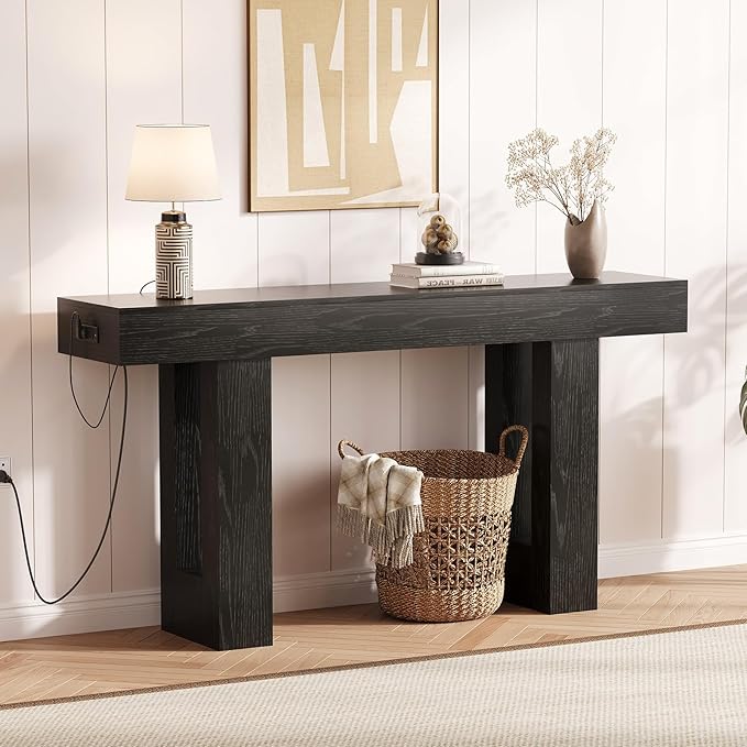 IDEALHOUSE 63" Entryway Table, Wood Console Table with Charging Station, Extra Long Sofa Table, Narrow Hallway Foyer Table for Entryway, Hallway, Living Room, Black