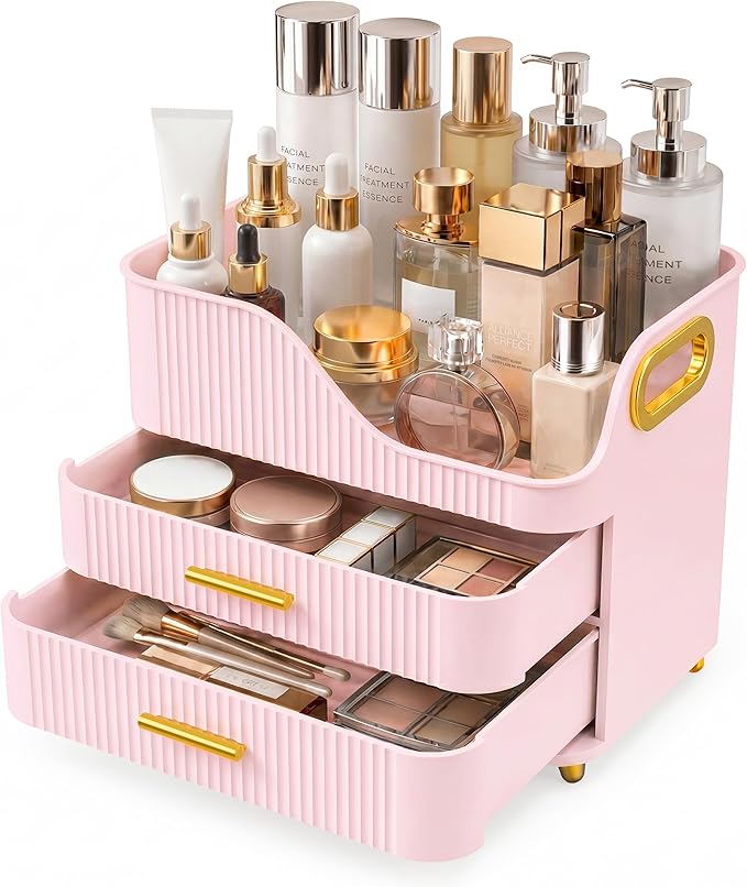 Booklov Countertop Makeup Organizer with Drawers, 3 Tier Large Cosmetic Storage Caddy for Vanity, Bathroom Counter, Dresser, Skincare Display Case for Lipsticks, Beauty Palettes, Teen Girl Gifts, Pink