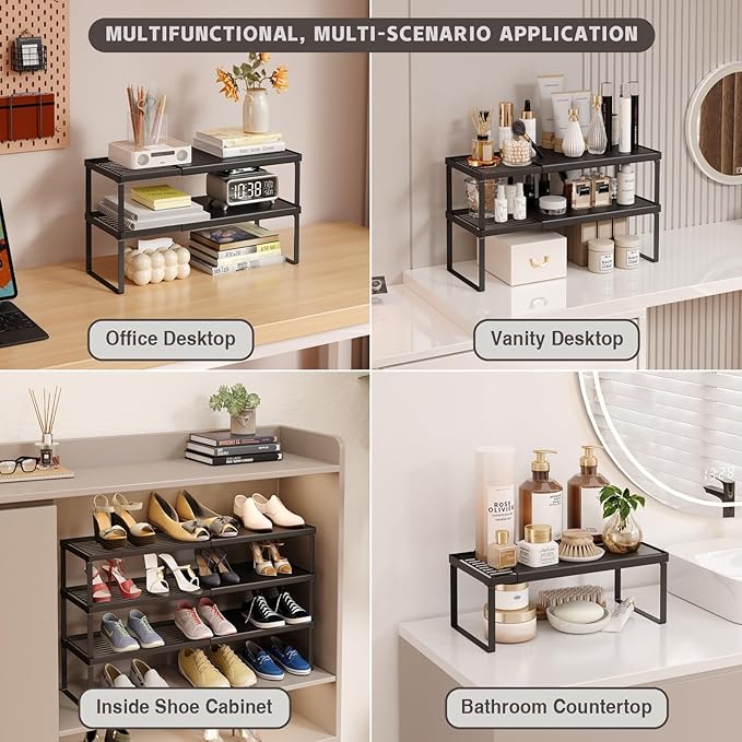 Magheo Expandable Cabinet Shelf Organizer, 2 Pack Stackable Kitchen Counter Shelf Riser, Metal Spice Rack Heavy Duty Countertop Organizer Storage for Kitchen, Pantry, Cupboard, Rv (5.9in Height,Black)