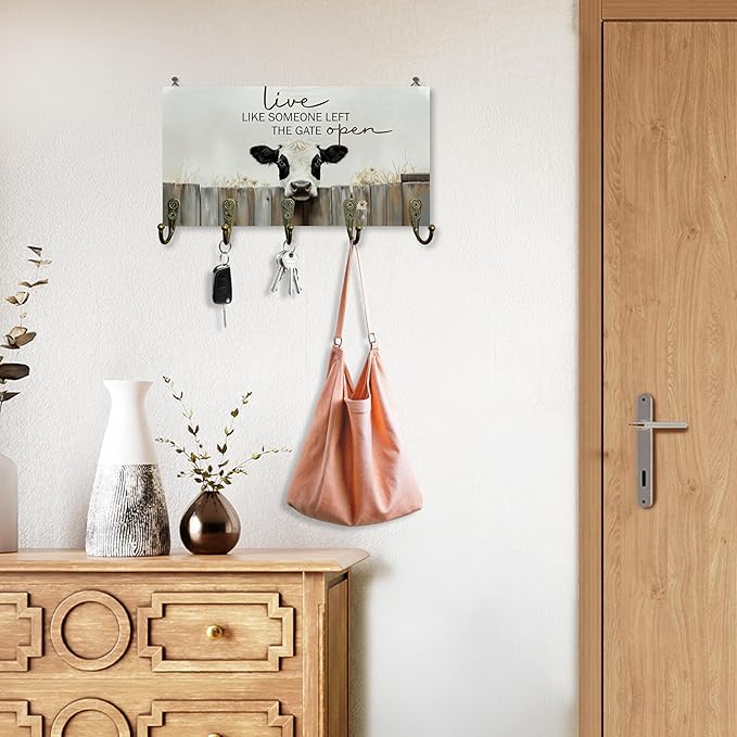 Cow Gifts Key Holder for Wall 10"x5.12", Cow Decor Key Hanger Wall Mount, Live Like Someone Left The Gate Open Rustic Farmhouse Cows Wooden Hanging Keys Holder Decor for Entryway