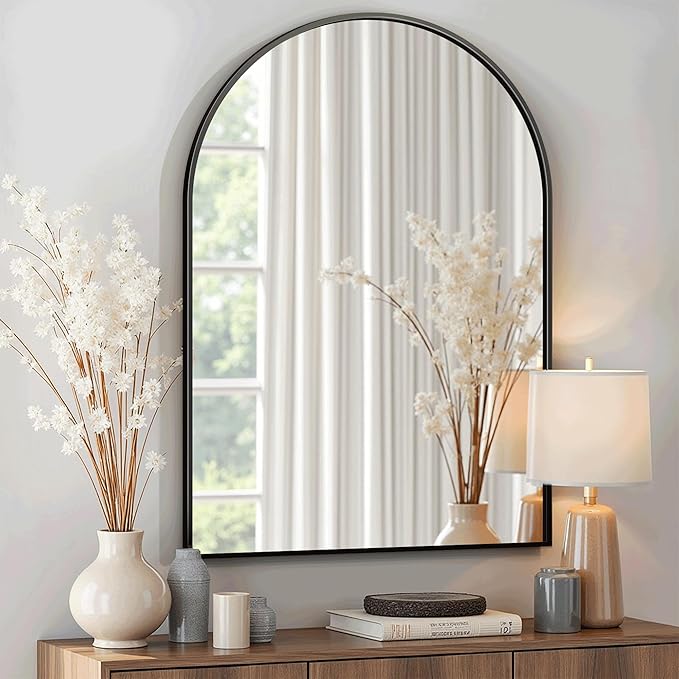 Arched Bathroom Mirror for Wall, 30" x 20" Black Metal Frame Vanity Mirror, HD Glass Over Sink for Bathroom, Entryway, Bedroom
