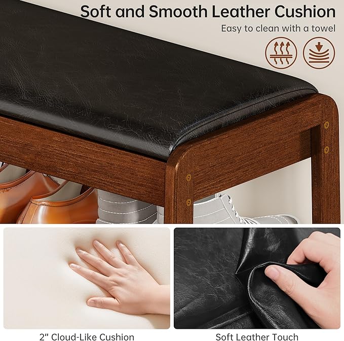 Shoe Rack Bench with Flip-Top Storage, Solid Rubberwood 2-Tier Shoe Organizer with Cushion, Wooden Shoe Stand for Entryway, Mudroom, Hallway, Closet, Front Door Entrance, Foyer