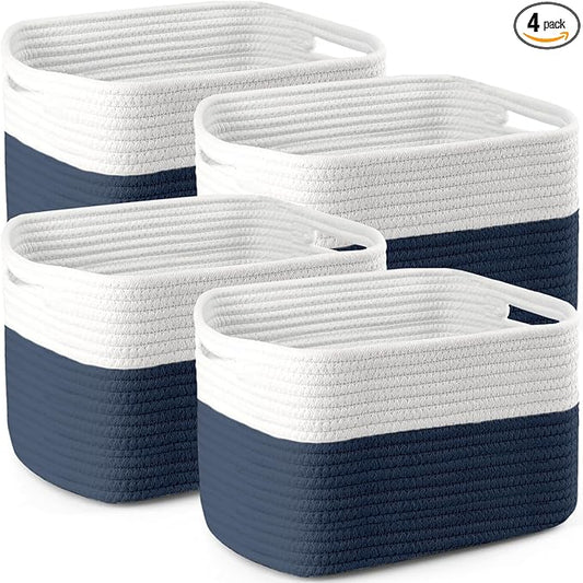 4 Pack Storage Baskets for Organizing, 12''Lx9''Wx8''H Woven Baskets for Storage Toys, Towels, Books, and Clothes, Cotton Rope Basket for Shelves with Handle