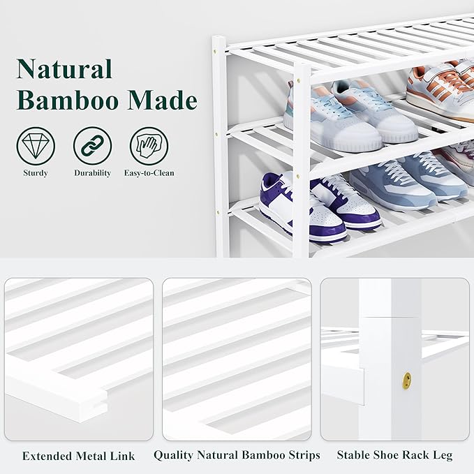 Smiry Bamboo Shoe Rack, 6 Tier Free Standing Wooden Shoe Organizer, Stackable Wood Shoe Storage Shelf for Closet, Entryway, 14 Vertical Slats, 2+2+2 Stack Heavy-Duty Legs, 26.8"x11"x39", White