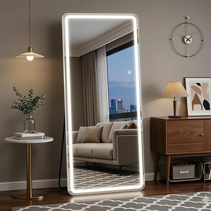 76"x34" Full Length Mirror with LED Lights, Dimmable Lighted Floor Mirror with 3 Color Lighting & Touch Control, Standing Wall Mounted Full Body Mirror, Tempered Glass for Bedroom, White