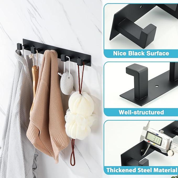 Alise Coat Hooks Wall Mount,Hat and Coat Rack with 5 Hooks Wall Mount Key Hooks for Robes,Bags,Keys,and Towels,SUS304 Stainless Steel Wall Hooks for Hanging,Self Adhesive or Drilling,Matte Black