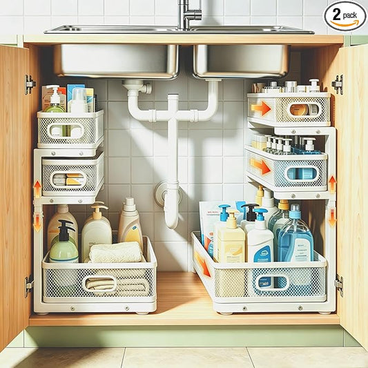 2 Pack 3 Tier Under Sink Organizer, Height Adjustable Heavy Duty Metal Under Cabinet Drawer Pull Out Shelf with Smooth Silent Sliding Design, Organizer and Storage Rack for Kitchen, Bathroom, White