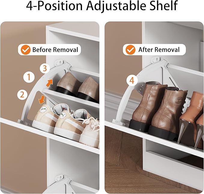 Shoe Storage Cabinet, Wood Shoe Organizer for Entryway with 4 Flip Drawers, Freestanding Shoe Rack with Adjustable Shelf, Narrow Shoe Dresser for Front Door Entrance(White, 47.24" x 32.28" x 9.44")