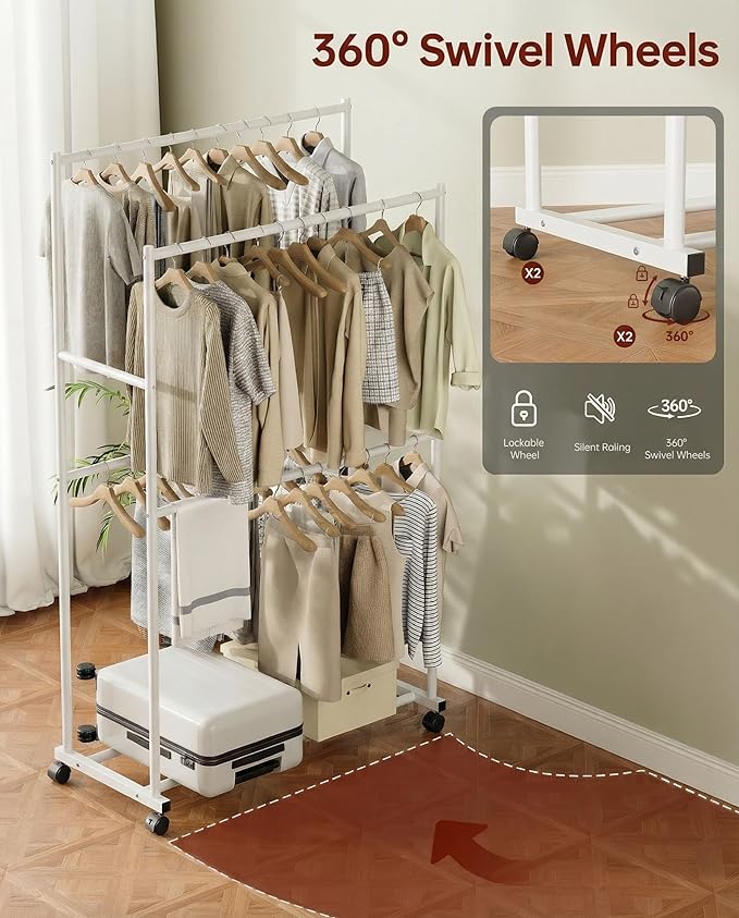 Clothes Rack 36.2" x 21.3" x 72", 4-Bar Double Rod Rolling Metal Clothing Rack for Hanging Clothes, Portable Garment Rack with Wheels for Bedroom Laundry, Closet Wardrobe, White