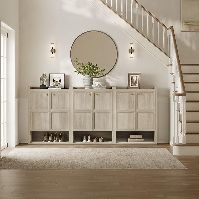 SICOTAS Shoe Cabinet Storage for Entryway - 72-Pair Shoe Cabinets with Doors and Adjustable Shelves, Farmhouse Large 7-Tier Shoes Storage Cabinet for Mudroom Closet Hallway, Grey White Oak, 3PCS