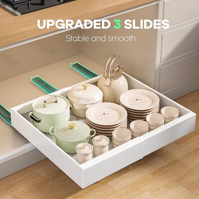 Seinloes 2Pack Pull out Cabinet Organizer 21"Deep with 4 Adjustable Dividers,Expandable（12.1"-20.4"W） Pots and Pans Organizer Under Cabinet with Raising Pad for Framed Cabinets,Slide out Drawers,White