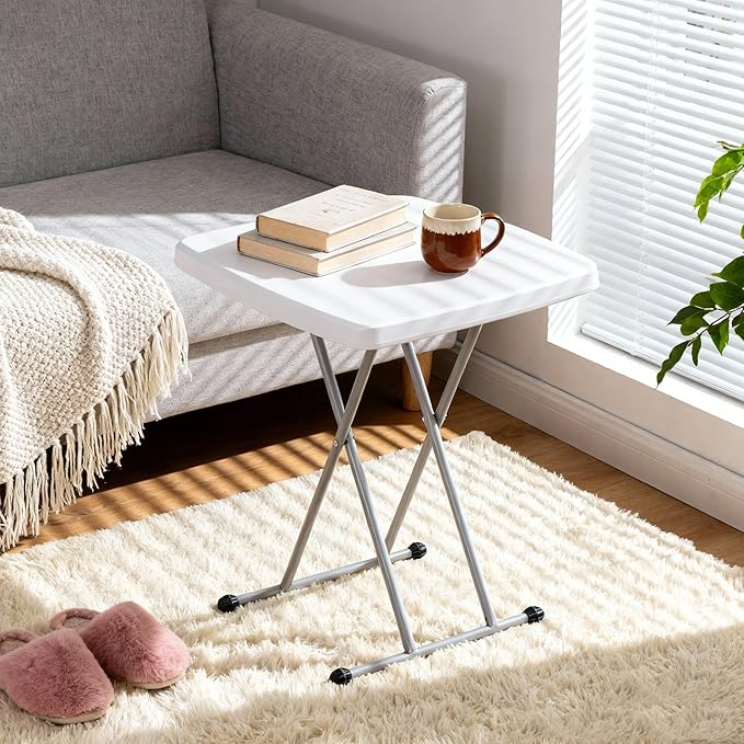 SUPER DEAL 2.5 Foot Plastic Folding Table, Indoor Outdoor Portable Heavy Duty Adjustable Height Kitchen or Camping Barbecues Picnic Party Tray Table, White