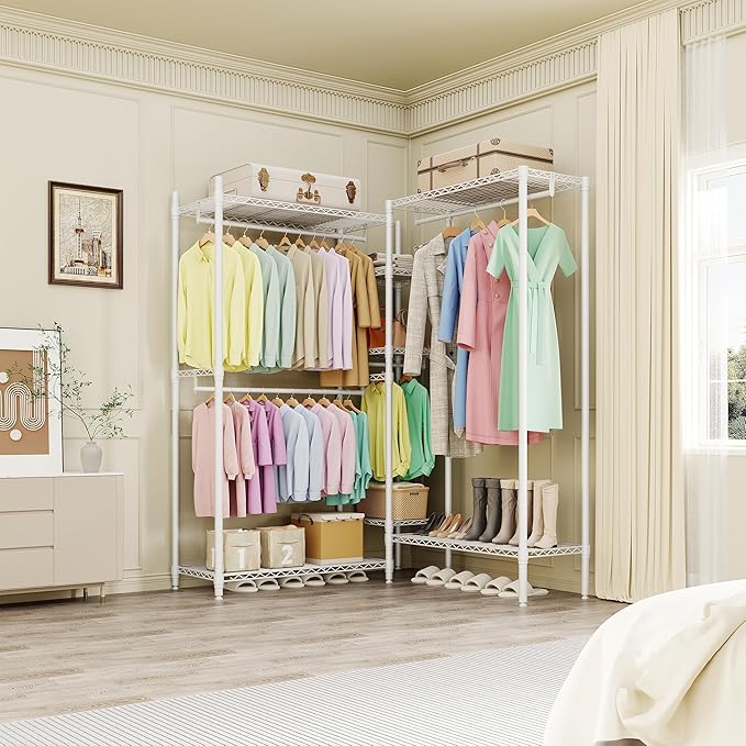 Heavy Duty Clothes Rack, Freestanding Garment Rack with 4 Hanging Rods and 7 Storage Shelves, Adjustable Closet Organizer System, Portable Wardrobe Closet for Hanging Clothes, 70.5"h X85.4"l x 17.4"w