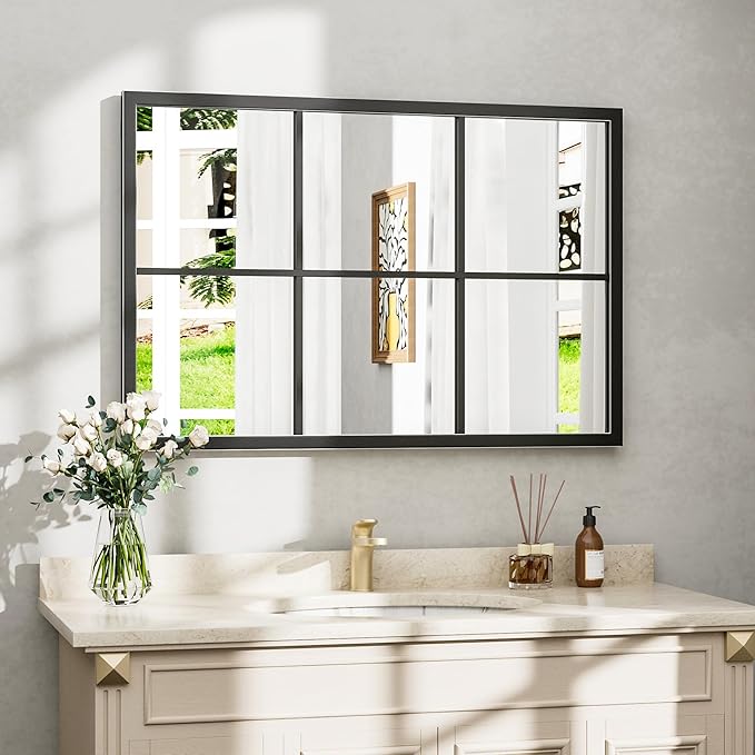 Dewfig Rectangle Wall Mirror, Window Mirror Wall Mounted, 24"x36"in Window Pane Mirrors, Large Black Mirrors for Hanging or Leaning Against Wall Bedroom Vanity Living Room Fireplace Entryway,Black