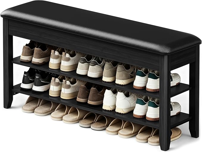 LBT Shoe Bench with Storage, Solid Rubberwood Shoe Storage Bench with Cushion, 2-Tier Shoe Rack for Entryway, Shoe Rack Bench with Deep Hidden Compartment and Stay-Open Hinge, 550lb Capacity Black
