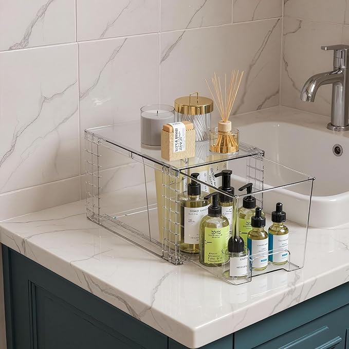 Clear Stackable Acrylic Storage Drawers(2 Pack), Plastic Organizer Bins with Handles, Easy Assembly for Bathroom Kitchen Pantry Cabinet Under Sink Snack Home Storage Solutions