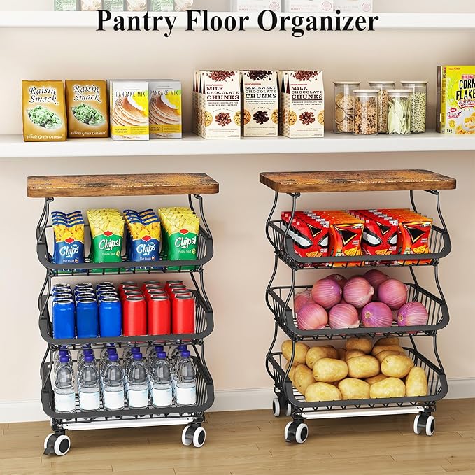 SAYZH Fruit Basket Kitchen Pantry Organizers and Storage - Wooden Top Table, Stackable Metal Wire Basket Stand Cart for Fruit Vegetable Snacks Onion Potato Organization (Black, 4 Tiers)
