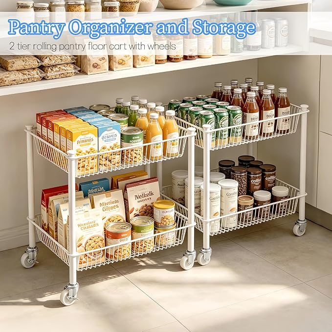 2 Tier Small Utility Cart on Wheels Short Rolling Pantry Cart Thick Metal Wire Basket Stand, Fruit Vegetables Storage Rack for Kitchen, Under Desk Storage for Small Space Bathroom Laundry, White