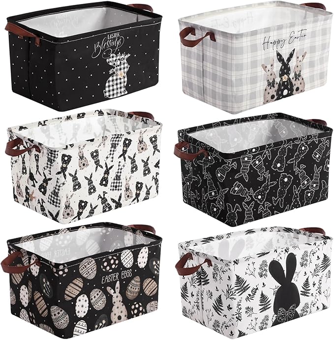 CHENGU 6 Pack Easter Storage Bin Collapsible Easter Basket for Gifts Large Bunny Eggs Black White Holiday Decor Decorative Rabbit Basket Farmhouse Foldable Box with Handle for Bedroom Office Home