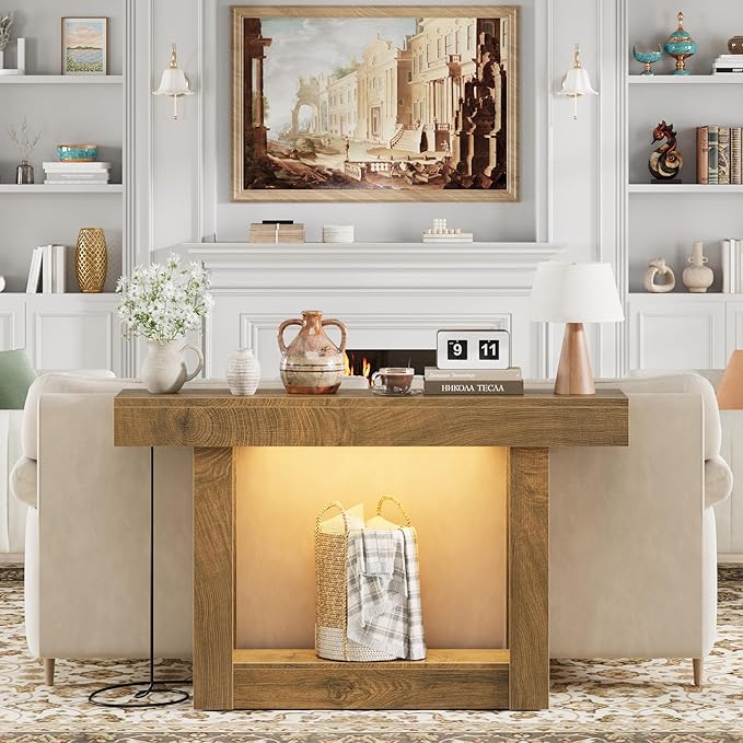 LIFECHOVY 47.2" Farmhouse Wood Entryway Table with Outlet, 2-Tier Console Table with Sensor Light Behind the Couch Sofa, Entrance Side Table for Hallway/Living Room/Foyer, Natural Oak