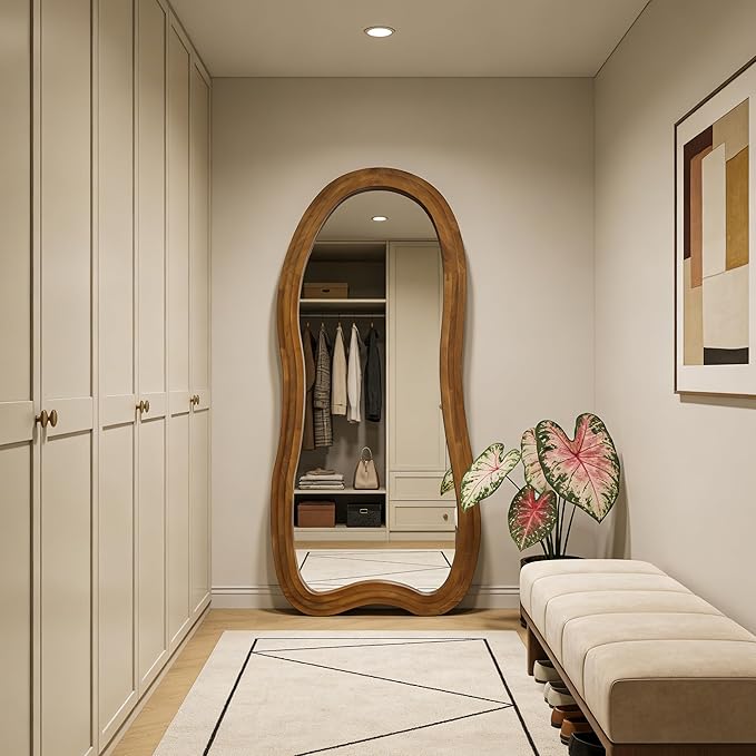 Large Irregular Floor Mirror, 67"x31.5" Organic Shaped Mirrors with Triple-Layer Solid Wood Frame, Asymmetrical Full Length Mirror for Entryway Living Room Bedroom Hallway, Leaning/Hanging