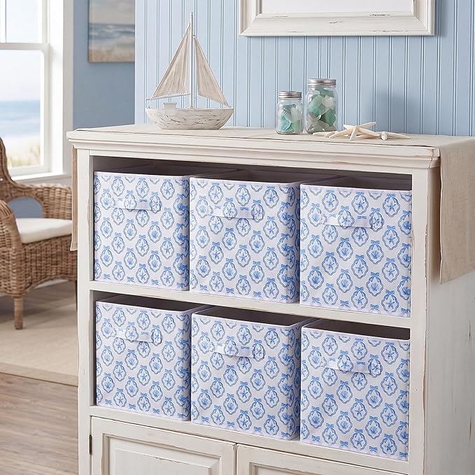 Geelin 6 Pcs Blue Bow Seashell Storage Bins 11 Inch Blue Storage Basket with Handle, Preppy Girls Organizer Basket, Collapsible Fabric Box for Classroom Bedrooms Office Home Decoration Gift
