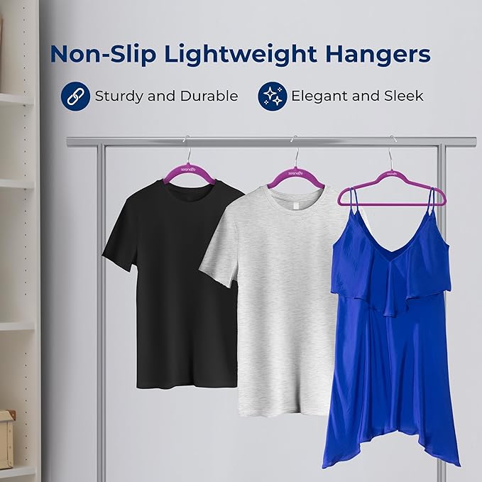SereneLife 100 Pack Premium Velvet Hangers, Ultra Thin Non Slip Adult Felt Space Saving Hangers, for Closet Heavy Duty Coat, Pants, Jackets, Dress Hangers, 360° Swivel Hook Hold Upto 10 lbs (Purple)