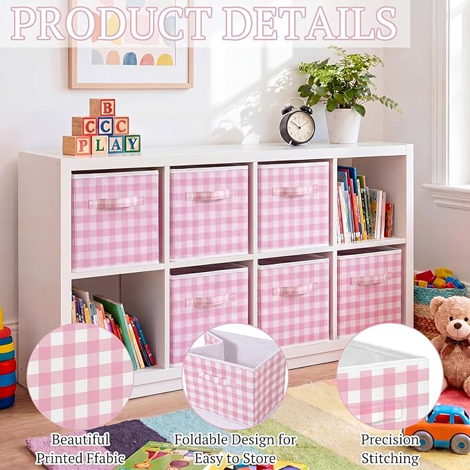 Yalikop 6 Pcs Pink Checkered Cube Storage Bins, 11 Inch Fabric Gingham Classroom Storage Bins Organizer with Handle Preppy Collapsible Cubby Basket for Classroom Home Nursery Playroom Bedroom