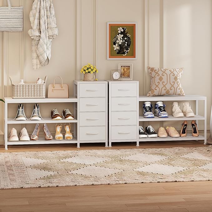 EXOTICA 3-Tier Shoe Storage Bench White Entryway Shoe Rack with 4 Drawers and Seating Shoe Shelf Storage Cabinet for Hallway Front Door Doorway Living Room Mudroom Steel Frame