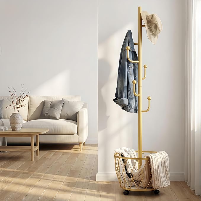 Cactus shaped Freestanding Metal Coat Rack Stand with Basket Modern Organizer for Scarf Jacket Hat Bags Ideal for Home Entryway Bedroom Corner Stable and Moveable (gold)