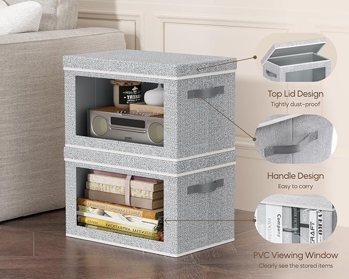 Homsorout Collapsible Storage Bins with Lids - Stackable Storage Containers with Window, 3 Pack Fabric Bins for Closet, Home & Office Organization Baskets, Light Gray, 14.9" x 9.8" x 9.8"